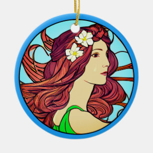 Art Nouveau Portrait of a Woman with Red Hair Ceramic Tree Decoration