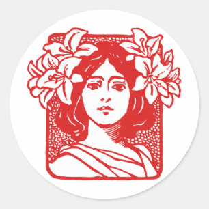 Art Nouveau Portrait of Woman with Lilies Classic Round Sticker