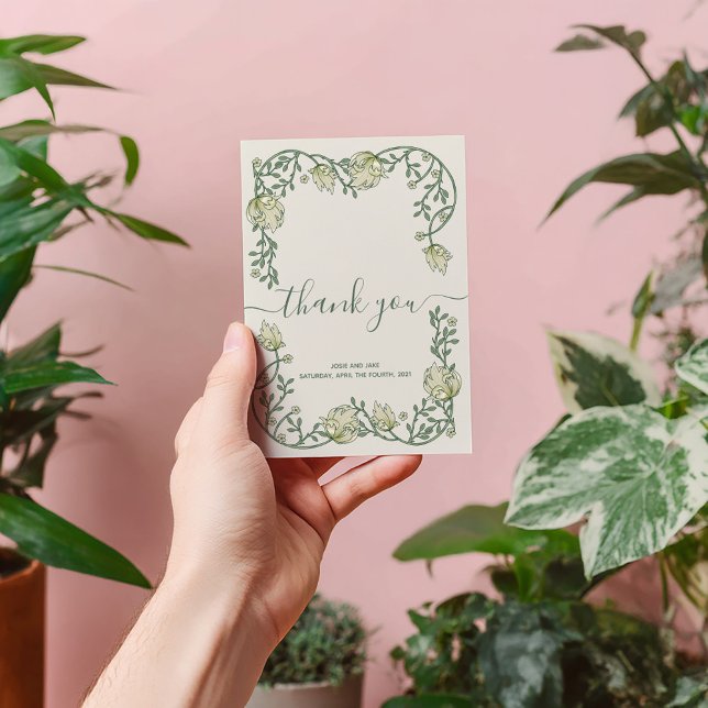 Art Nouveau pretty cream wedding thank you card (Elegant Art Nouveau botanical frame wedding thank you card features thank you script and photo.)