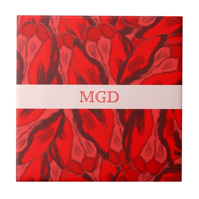 Art Nouveau profusion of red tulips with monogram Tile (Front)