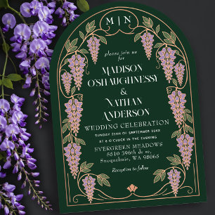 Art Nouveau Purple Wisteria Rose Gold Wedding Arch Invitation