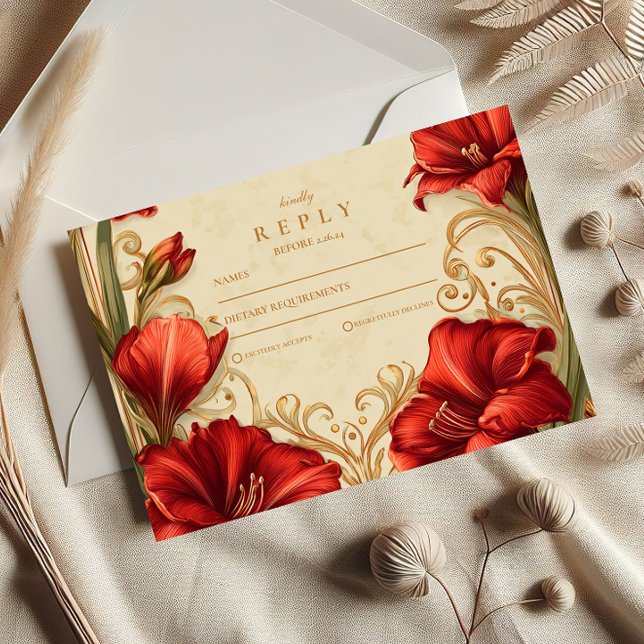 Art Nouveau Red Amaryllis Wedding RSVP Card (Creator Uploaded)