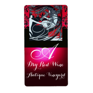 ART NOUVEAU RED BLACK DAMASK MONOGRAM WINE BOTTLE