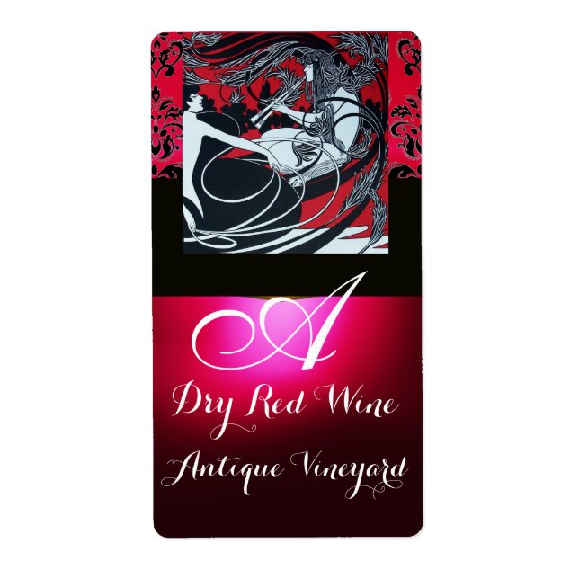 ART NOUVEAU RED BLACK DAMASK MONOGRAM WINE BOTTLE (Front)