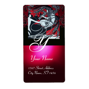 ART NOUVEAU RED BLACK GOLD DAMASK MONOGRAM ,ruby