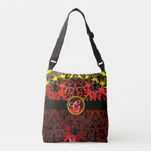 ART NOUVEAU RED BLACK GOLD DAMASK  RUBY MONOGRAM CROSSBODY BAG