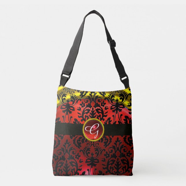 ART NOUVEAU RED BLACK GOLD DAMASK  RUBY MONOGRAM CROSSBODY BAG (Front)