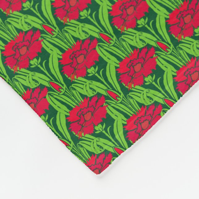 Art Nouveau red Carnations floral damask Fleece Blanket (Corner)