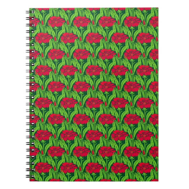 Art Nouveau red Carnations floral damask Spiral Notebook (Front)