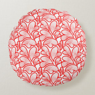 Art Nouveau Red Hearts Foliage Round Cushion