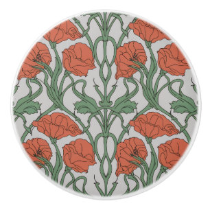 Art Nouveau Red Poppy Floral Print Ceramic Knob