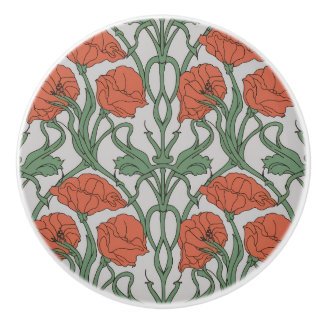 Art Nouveau Red Poppy Floral Print Ceramic Knob