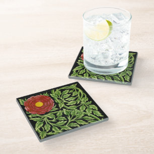 Art Nouveau Red Rose De Morgan Glass Coaster