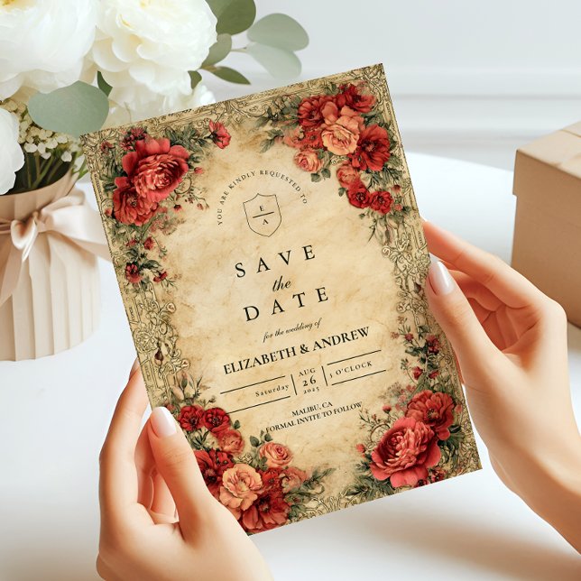 Art Nouveau Red Rose Wedding Save The Date (Creator Uploaded)