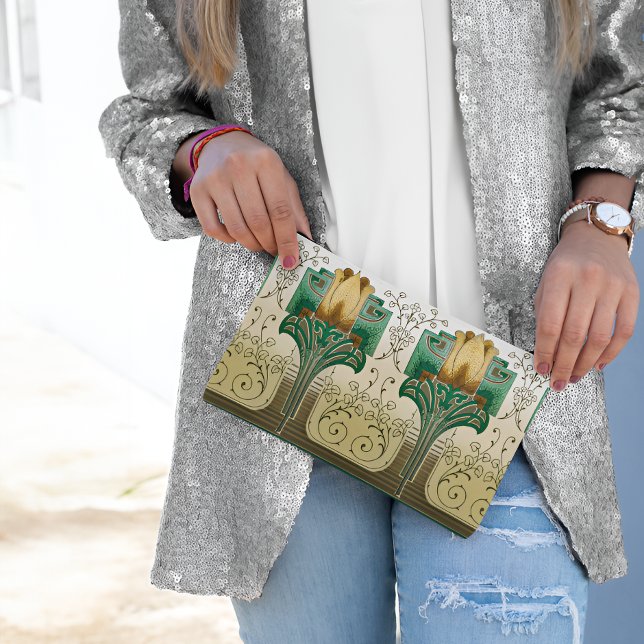 Art Nouveau Repeating Tulips Style Motif Wedding Accessory Pouch (Art Nouveau Repeating Tulips Style Motif Wedding Accessory Pouch With Model)