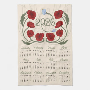 Art Nouveau Retro Floral Red Poppy 2026 Calendar Tea Towel