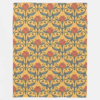 Art Nouveau retro vintage floral yellow teal coral Fleece Blanket