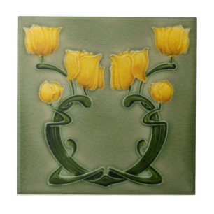 Art Nouveau Richards Yellow Tulips on Green Repro Tile