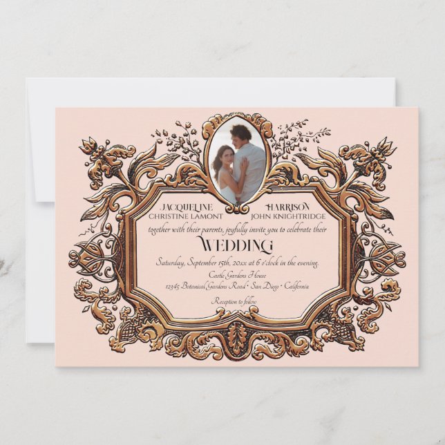 Art Nouveau Rococo Elegant Gold Pink Photo Wedding Invitation (Front)