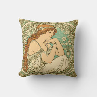 Art nouveau romantic illustration white flowers cushion