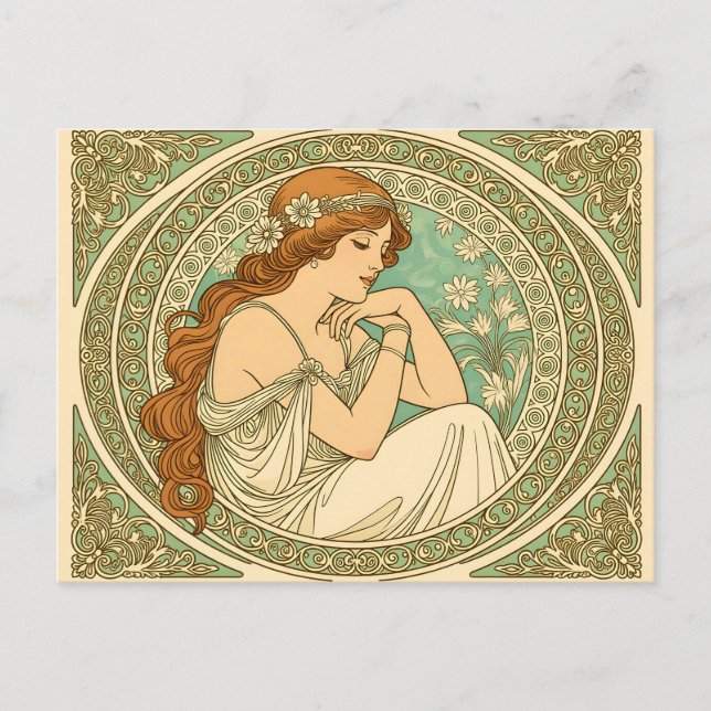 Art nouveau romantic illustration white flowers postcard (Front)