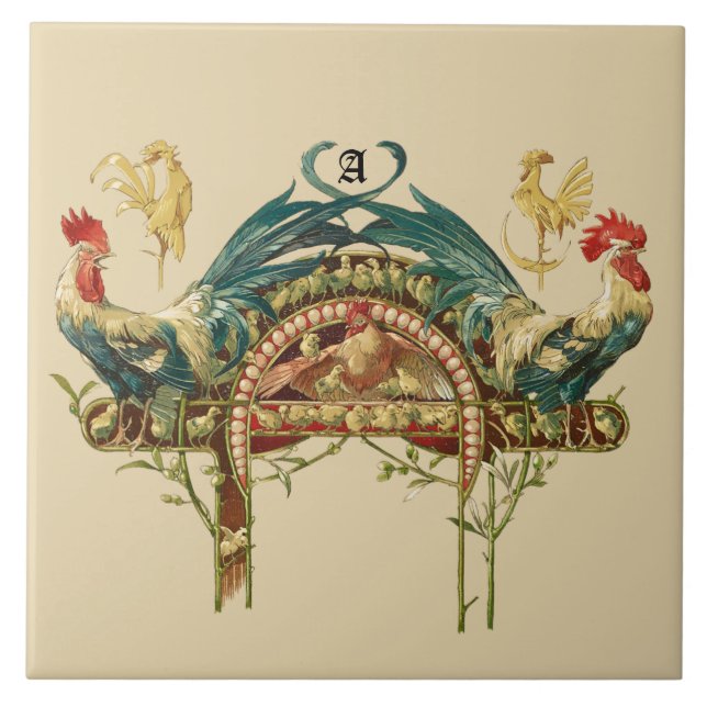 Art Nouveau Roosters & Chickens Tile (Front)
