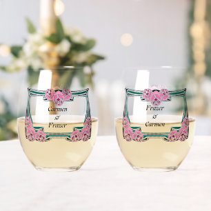 Art Nouveau roses border Stemless Wine Glass