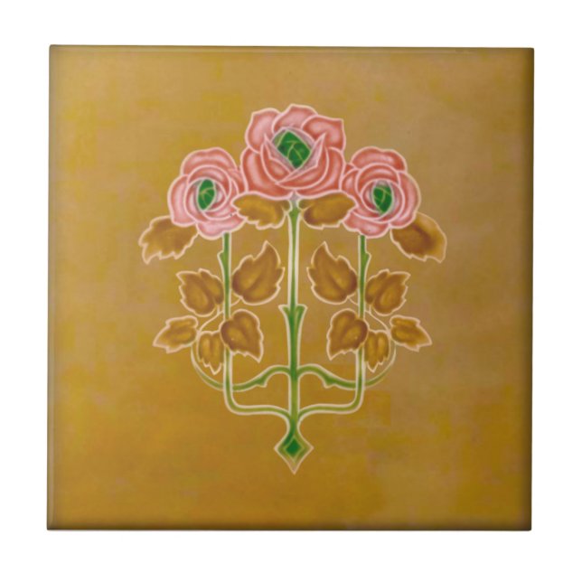 Art Nouveau Roses on Caramel Antique Reproduction Tile (Front)