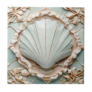 Art Nouveau Seashell Faux Relief Mint Clam Shell Tile