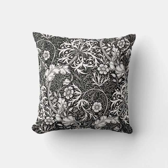 Art Nouveau Seaweed Floral, Black and White Cushion (Front)