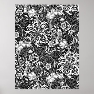 Art Nouveau Seaweed Floral, Black and White Poster
