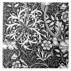 Art Nouveau Seaweed Floral, Black and White Tile