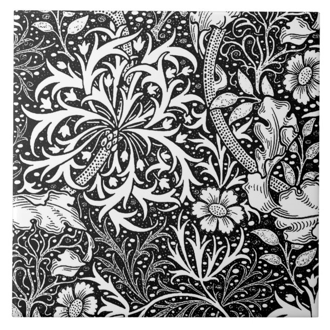 Art Nouveau Seaweed Floral, Black and White Tile (Front)