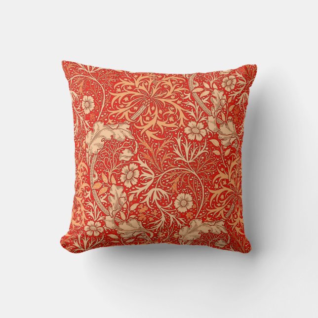Art Nouveau Seaweed Floral, Deep Coral Orange Cushion (Front)