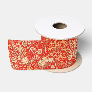 Art Nouveau Seaweed Floral, Deep Coral Orange Satin Ribbon