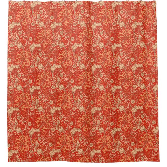 Art Nouveau Seaweed Floral, Deep Coral Orange Shower Curtain (Front)