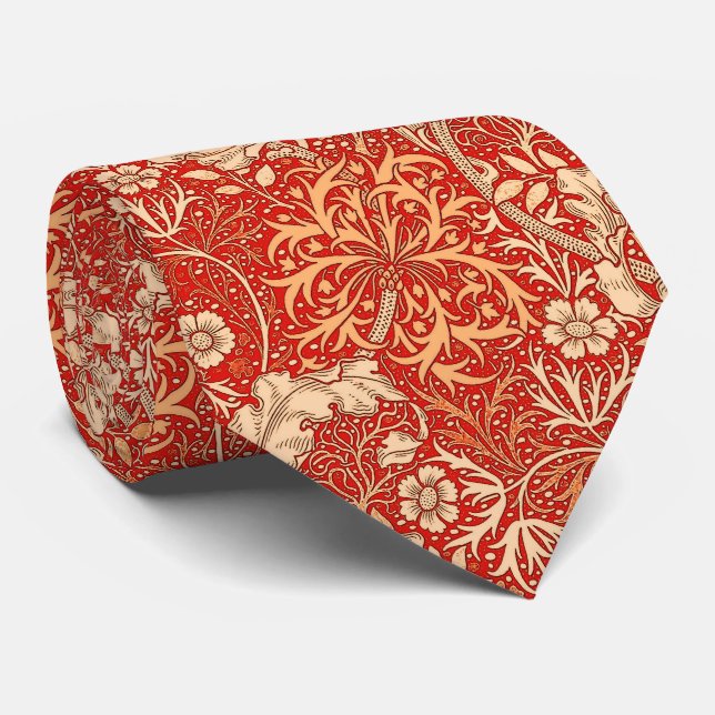 Art Nouveau Seaweed Floral, Deep Coral Orange Tie (Rolled)
