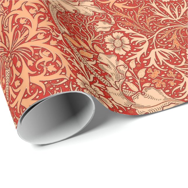 Art Nouveau Seaweed Floral, Deep Coral Orange Wrapping Paper (Roll Corner)