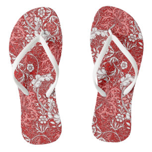 Art Nouveau Seaweed Floral, Deep Red and White Jandals