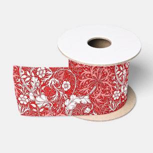 Art Nouveau Seaweed Floral, Deep Red and White Satin Ribbon