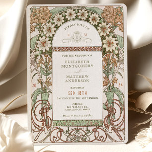 Art Nouveau Sepia & Cream Floral Wedding Invitation