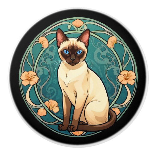 Art Nouveau Siamese Cat Ceramic Knob (Front)