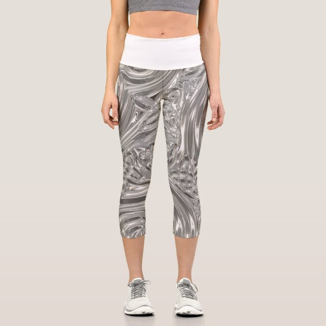 Art nouveau silver grey abstract pattern capri leggings (Front)