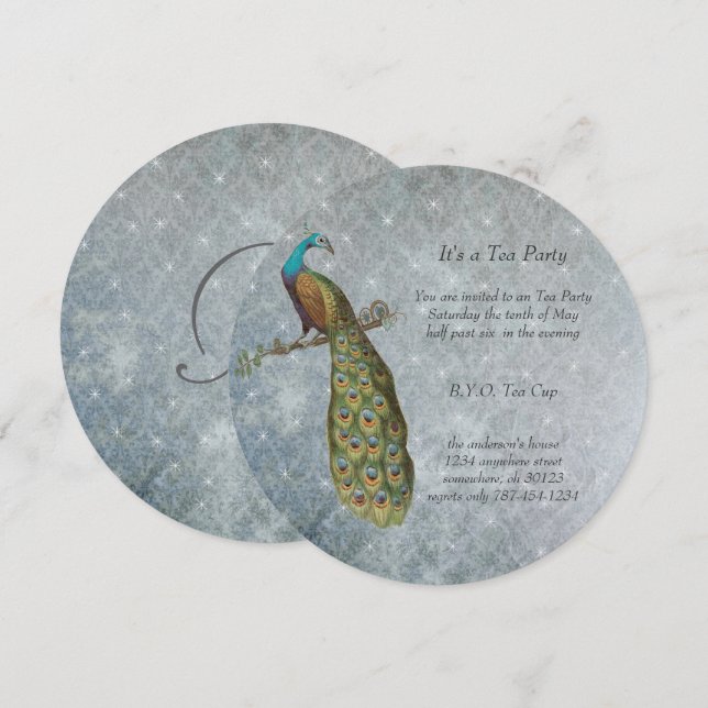 Art Nouveau Silver Metallic Peacock Tea Party Invitation (Front/Back)