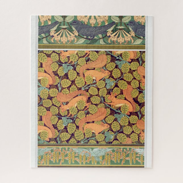 Art nouveau squirrel bird floral fall textile art jigsaw puzzle (Vertical)