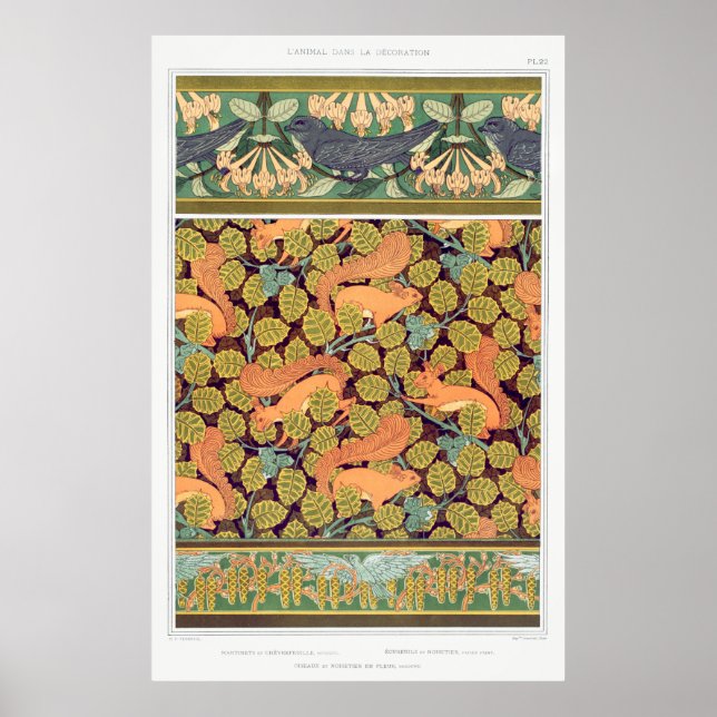 Art nouveau squirrel bird floral fall textile art poster (Front)