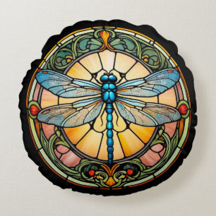 Art Nouveau Stained Glass Dragonfly Round Cushion