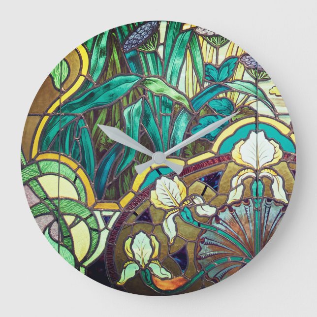 Art nouveau stained glass floral large clock (Front)