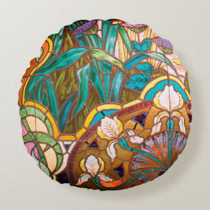 Art nouveau stained glass floral round cushion