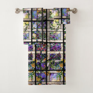 Art Nouveau Stained Glass Flowers Bath Towel Set